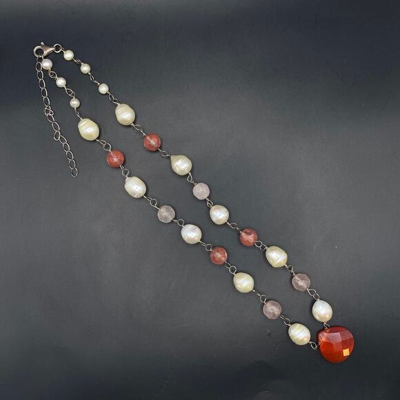 Handmade Vtg Pearl Rose Quartz Beaded Necklace 925 Sterling Silver Chain 16" - Picture 2 of 9